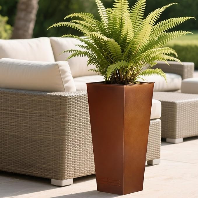 Worth Garden 28" H. Large Metal Planter Set of 2, Classic Matte Bronze Retro Finish Tall Square Tapered Steel Flower Plant Pots for Indoor & Outdoor Use - Insert Plate with Drain Holes, Air Vents-Ruum Studio Home