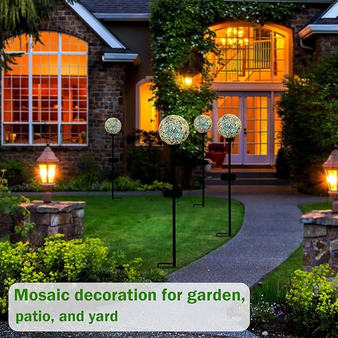 Solar Garden Lights Outdoor Decorative - Solar Gazing Ball Mosaic Garden Stakes Decorative Waterproof Outdoor Lights for Pathway Yard Lawn Decoration Blue-Ruum Studio Home