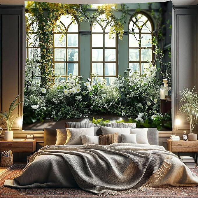 FENDROM Window View White Flower Tapestry Nature Landscape Classic Flower Vine Wall Hanging Party Decorations For Bedroom Living Room Dorm-Ruum Studio Home