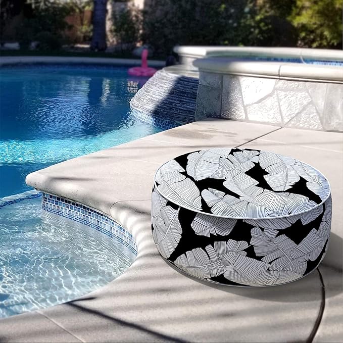 LVTXIII Inflatable Stool Ottoman Footrest with Handle, Indoor or Outdoor Foot Rest for Home Patio Garden and Camping, D21 x H9, Black Lush Leaf Jungle-Ruum Studio Home