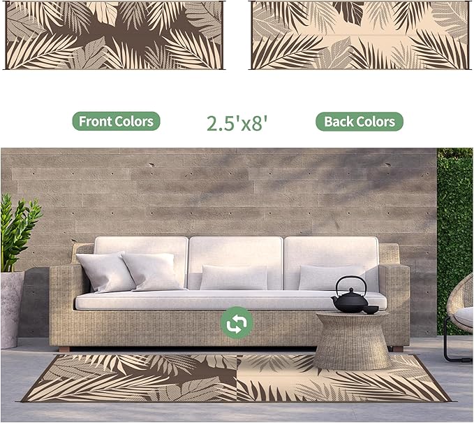 GENIMO Outdoor Rug 2.5' x 8' Waterproof for Patios Clearance, Reversible Outdoor Plastic Straw Camping Rug Carpet, Large Area Rugs Mats for RV, Camper, Deck, Balcony, Porch, Beach, Coffee&Beige-Ruum Studio Home