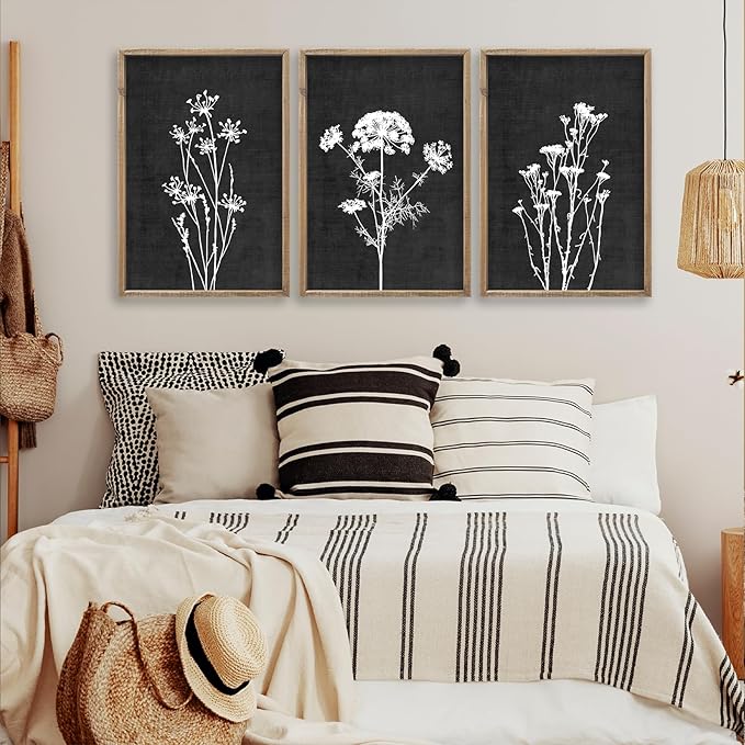 Flower Plant Wall Art Decor 16"x11" Set of 3 Black And White Botanical Painting Wood Framed For Minimalist Bedroom Office Rustic Living Room Abstract Wildflower Sign Hanging (Wood Black)-Ruum Studio Home