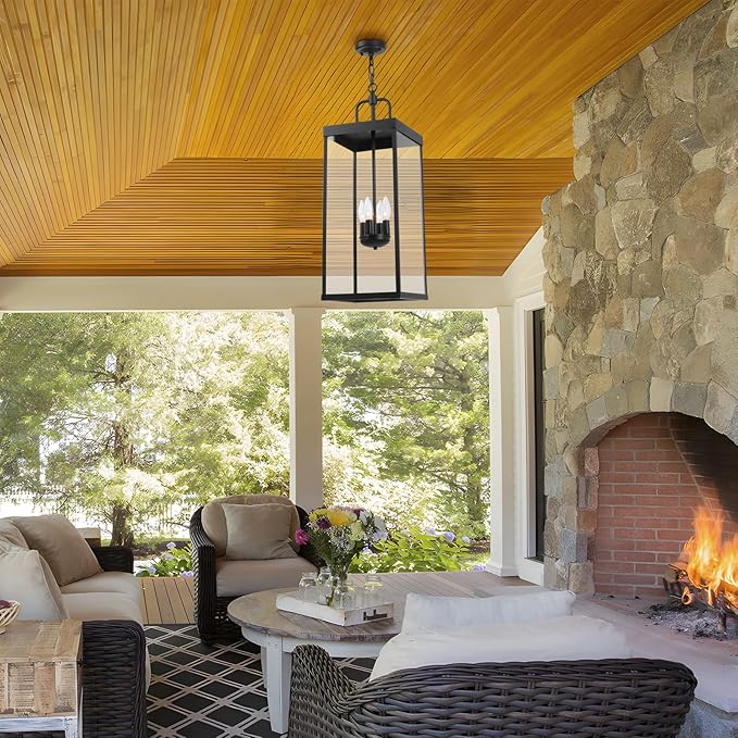Large Outdoor Pendant Lantern Light Fixture for Front Porch, 28 Inch 4-Light Black Exterior Hanging Chandelier with Clear Glass, Outdoor Indoor Pendant Lamp for Patio, Gazebo, Entryway, Doorway-Ruum Studio Home