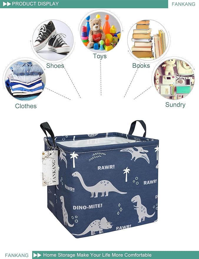 FANKANG Square Nursery Hamper Storage Bins Canvas Laundry Basket Foldable with Waterproof PE Coating Storage Baskets Gift Baskets for Children, Office, Bedroom, Clothes（Square-Blue dinosaur ）-Ruum Studio Home