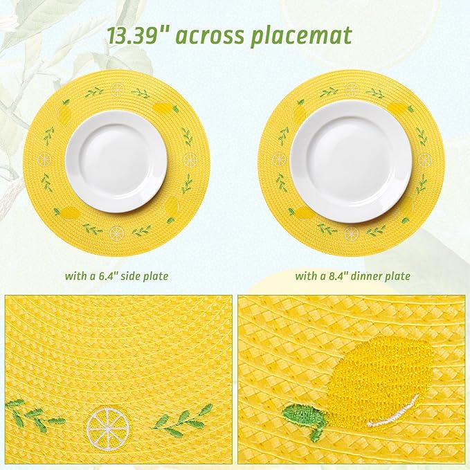Whaline 4Pcs Round Placemats Lemon Embroidered Place Mats Summer Lemon Greenery Leaves Dinner Table Mats for Home Wedding Baby Shower Birthday Party Decor-Ruum Studio Home