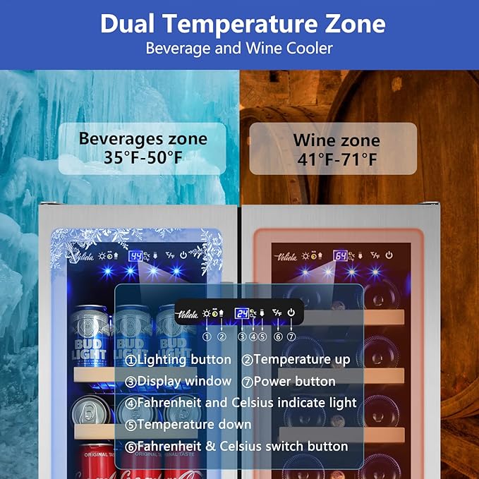 Wine and Beverage Refrigerator,24 Inch Dual Zone Wine Beverage Cooler, Built-in/Freestanding Beer and Wine Fridge with a Powerful Compressor, 20 Bottles and 88 Cans Capacity-Ruum Studio Home