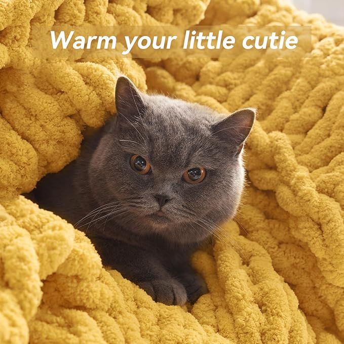 Chunky Knit Throw Blanket, 50''*60'' Knitted Throw Chenille Yarn for Bed Couch, Handmade Yellow Crochet Big Thick Blanket, Machine Washable Cute Comfy Blanket for Home Decor-Ruum Studio Home