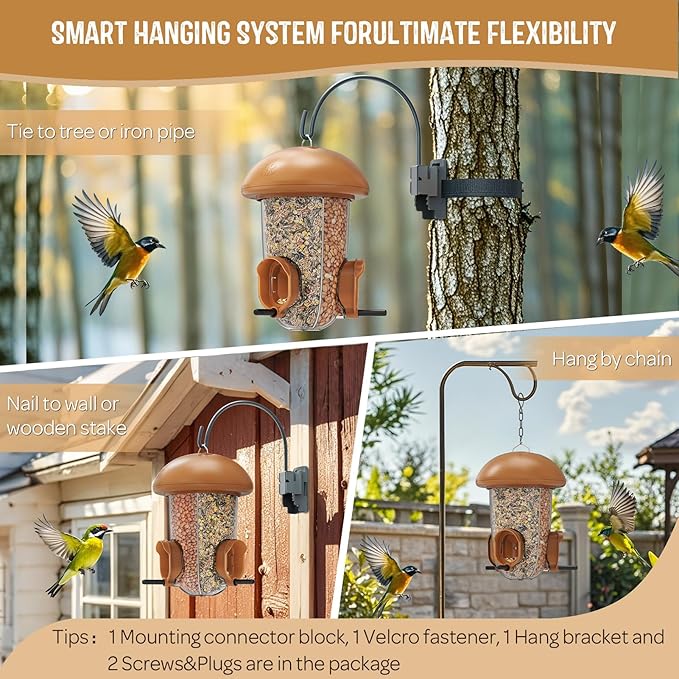 LONA Bird Feeders for Outdoors Hanging – 3 Separate Compartments, 3 Feeding Ports, Weatherproof Dome & 3 Ways to Hang, Large Capacity for Cardinals/Finches (Brown，Plus-Ruum Studio Home