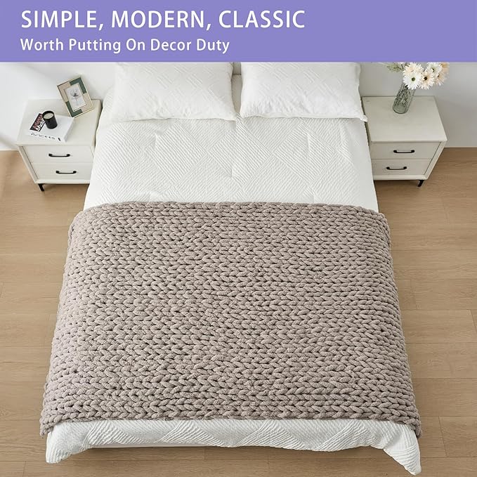 Bigacogo Chunky Knit Throw Blanket for Couch, 40x80 inches, 100% Hand Knitted with Thick Jumbo Chenille Yarn, Cozy Soft Large Rope Knot Cable Crochet Blankets for Sofa Bed Living Room, Taupe-Ruum Studio Home