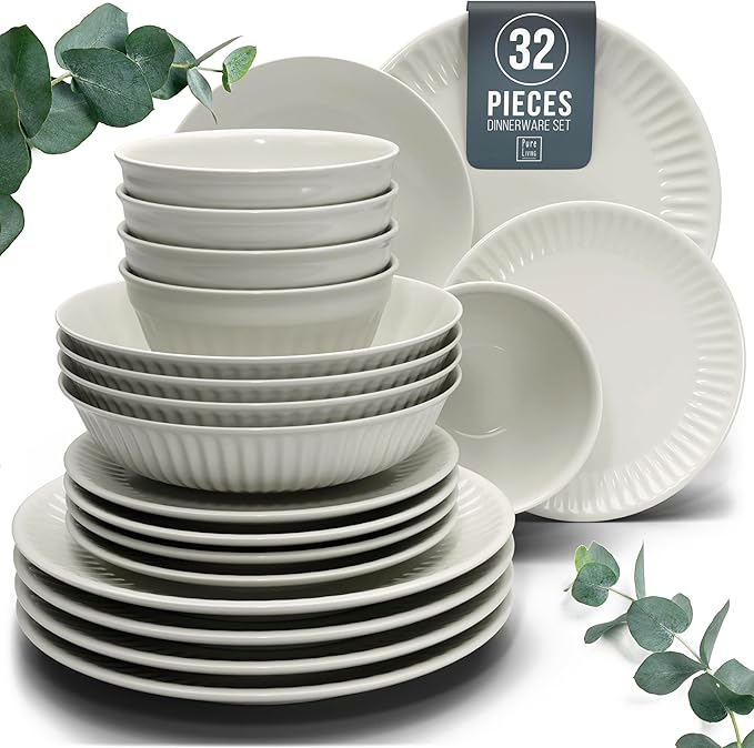 Stoneware Dinnerware Set for 8 People HYGGE 32-Piece - Elegant Scandi Design - Premium Dish Set - Bowl and Plate Set - Tableware for 8 People in a Ribbed Design - Pure Living in Beige-Ruum Studio Home