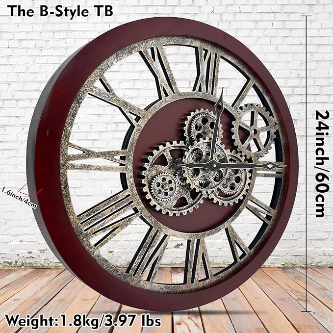 The B-Style Large Wall Clock 24 inch Moving Gear Wall Clock Oversized Vintage Farmhouse Wall Clocks for Living Room Decor Rustic Industrial Wood Clock (Walunt Wood and Bronze)-Ruum Studio Home