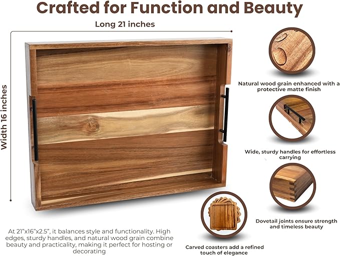 Acacia Wooden Ottoman Tray for Living Room – 21" Large Coffee Table Serving Tray with Handles & 6 Coasters Set, Perfect for Food, Drinks, Kitchen, and Home Decor-Ruum Studio Home