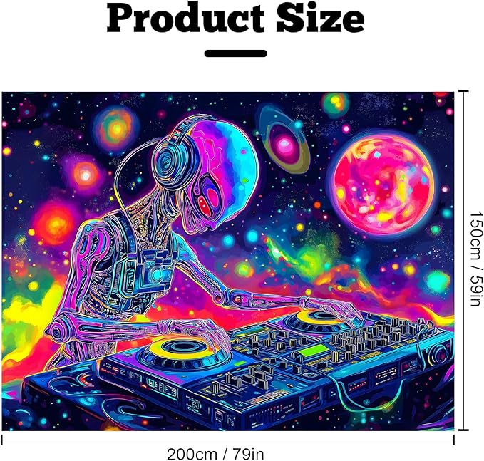BVBOX Blacklight Space Alien Tapestry 79"x59", UV Reactive Glow in Dark DJ Alien Universe Galaxy Planet Music Tapestries, Black Light Neon Upright Poster Wall Hanging Backdrop Decor for Bedroom Living Room-Ruum Studio Home