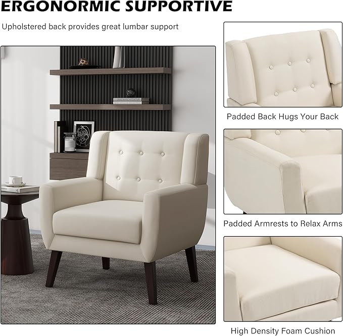UIXE Accent Chair, Modern Upholstered Armchair in Fabric for Living Room, Comfy Club Arm Chairs Single Sofa Button Tufted Bedroom Reading Seat - White, Set of 1-Ruum Studio Home