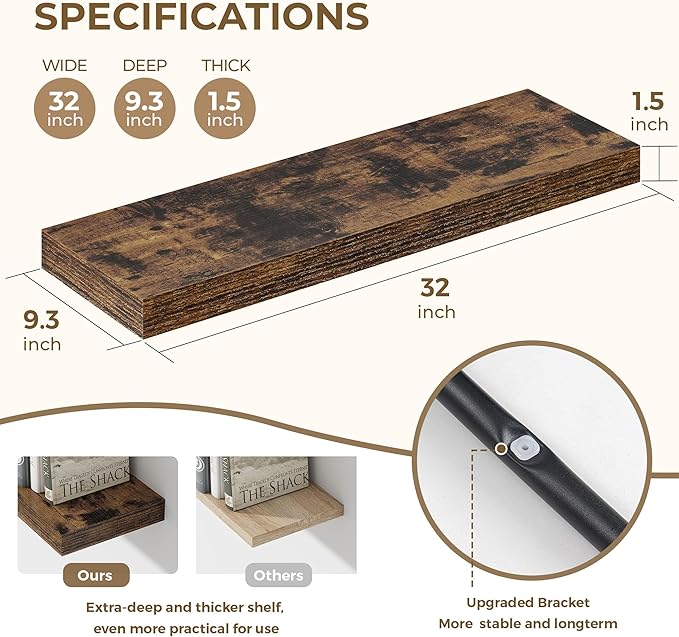 Dreamland 32 Inches Floating Shelves for Wall, 9.3" Deep Long Floating Shelves Set of 2, Large Display & Storage Shelf, Wall Shelf for Bathroom Bedroom Living Room Kitchen Office, Rustic Brown-Ruum Studio Home