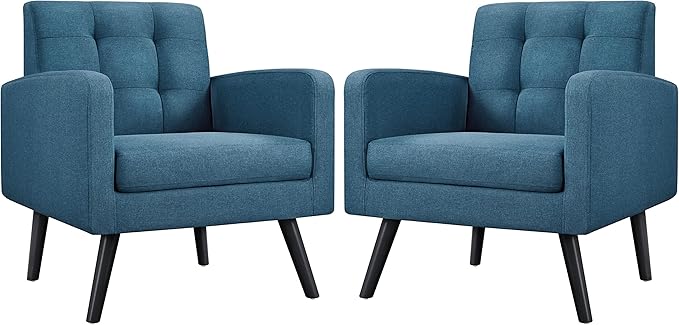 Yaheetech Mid-Century Accent Chairs, Modern Upholstered Living Room Chair, Cozy Armchair Button Tufted Back and Wood Legs for Bedroom/Office/Cafe, Set of 2, Navy Blue-Ruum Studio Home