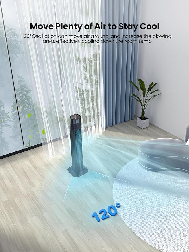 Uthfy 31 Inch Tower Fan for Bedroom, 120° Oscillating Quiet Standing Bladeless Fan With Remote, 7.5H Timer, 3 Speeds, 3 Modes, for Room, Dorm, Office, Black-Ruum Studio Home