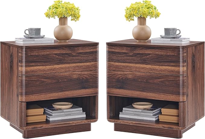 Nightstand Set of 2 with Charging Station, 22" Large Modern Bedside Table with 2 Drawers Storage,Push-to-Open End Table for Bedroom,Living Room,Brown-Ruum Studio Home