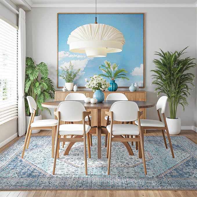 DCX Machine Washable Blue and Beige Area Rugs 5x7, Non Slip Stain Resistant Vintage Floral Rug for Living Room Bedroom Nursery, Soft Low Pile Large Carpet-Ruum Studio Home