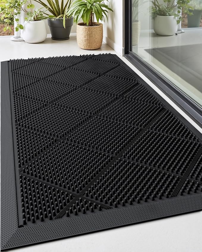 DEXI Front Door Mats Outside Entrance, 17x36 Rubber Waterproof Dirt Trapping Entry Mat for Entryway, Heavy Duty Non-Slip Low-Profile Welcome Doormat All Weather for Patio, Black-Ruum Studio Home
