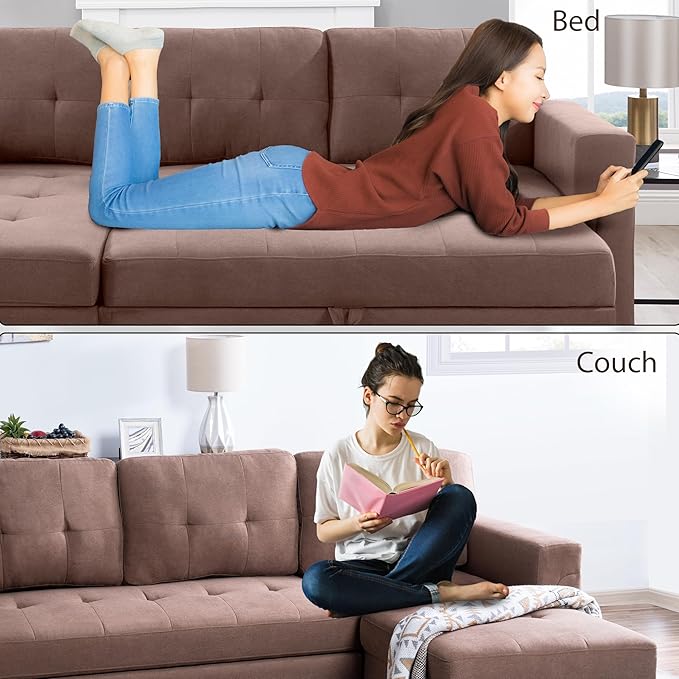 Naomi Home Transform Any Space: Sleeper Sectional Sofa with Convertible Sofa Bed & Inviting Chaise. Find Tranquil Comfort with Stress-Relieving Design & Durable Cushions - Mocha/Velvet-Ruum Studio Home