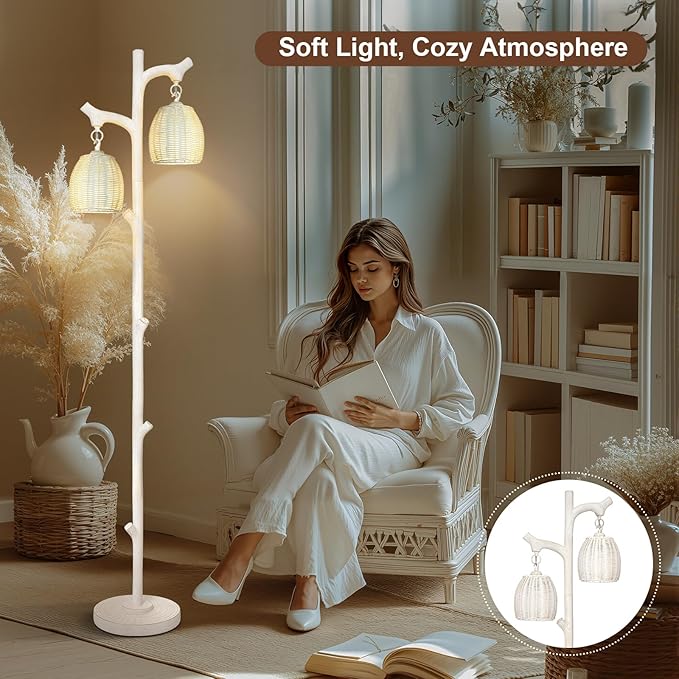 Scenekoy Rustic 68” Tall Floor Lamp with Rattan Shade, Retro Standing Lamp Tree Trunk Washed White Finish & Resin Body, Dimmable Corner Lamp with Bulb Prefer for Living Room Bedroom Home Decor-Ruum Studio Home