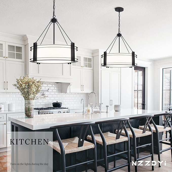 20.4''Drum Chandelier,5-Light Fabric Modern Chandeliers,Black Farmhouse Round Pendant Light Fixture for Dining Room Kitchen Island Living Room Bedroom Hallway-Ruum Studio Home