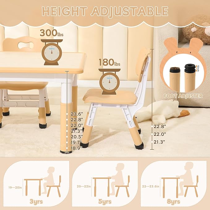 Height-Adjustable Kids Table and Chairs, 31.5''L x 23.6''W Toddler Table and 4 Chairs Set with Anti-Slip Foot Covers, Children Activity Table for Ages 2-10, Graffiti Desktop-Ruum Studio Home