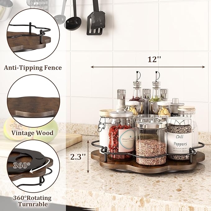 12" Lazy Susan Turntable Organizer,Round Wooden Lazy Susan Organization and Rotating Spice Rack for Dining Table,Pantry,Kitchen Countertop,Vanity,Cupboard and More.Vintage Wood(Petal Shape)-Ruum Studio Home