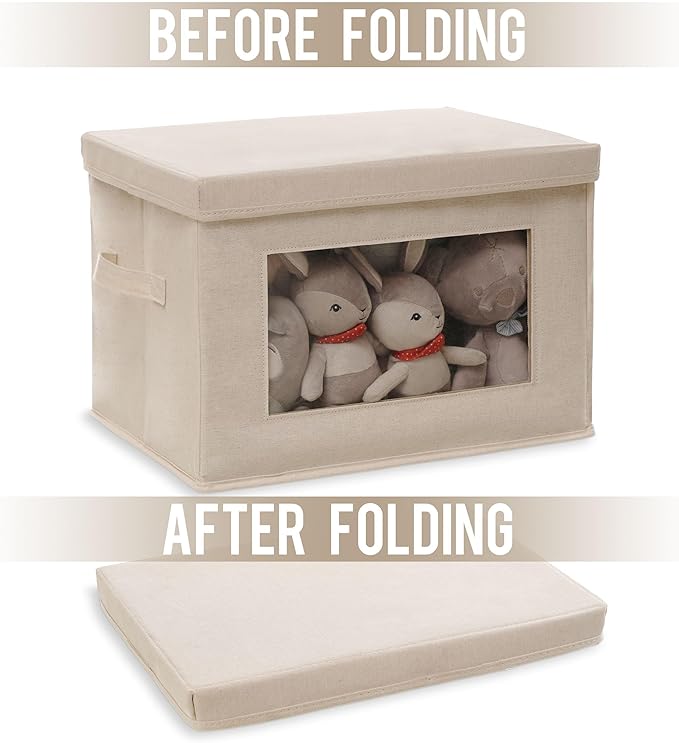 Citylife 3 Pack Storage Bins with Lids, Fabric Foldable Storage Bins with Soft Cord Handles, Canvas Storage Bin with Lid for Organizing Clothes, Blankets and Books, Beige-Ruum Studio Home