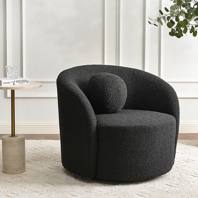 KINWELL Sherpa Swivel Barrel Chair & Round Ball Pillow Set - 34" Wide Modern Boucle Accent Chair with 9” Matching Nordic Decorative Throw Pillow for Living Room and Bedroom(Black)-Ruum Studio Home