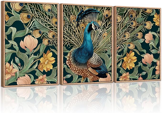 HLNIUC Peacock Framed Canvas Wall Art,Large Peacock Flower Wall Decor Set of 3(16”x24”)Modern Elegance Peacocks Floral Framed Painting,Vintage Beautiful Animal Feather Art Print for Living Room,Office-Ruum Studio Home