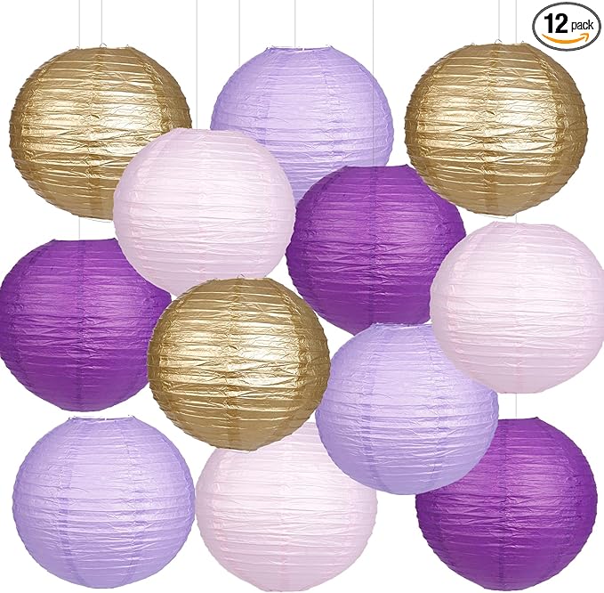 Paper Lanterns Purple Gold Round Hanging Chinese Lanterns for Birthday Baby Shower Bachelorette Party Decorations Pack of 12-Ruum Studio Home