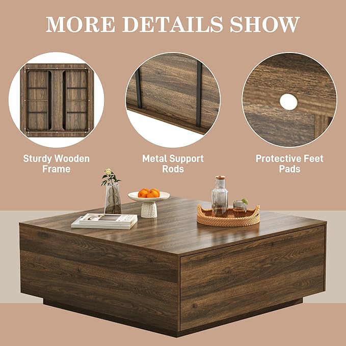 43” Square Coffee Table with Storage, Modern Large Square Center Table with 2 Drawers, Wood Coffee Table for Living Room, Walnut-Ruum Studio Home