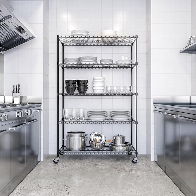 Seville Classics UltraDurable Heavy Duty NSF Solid Steel Wire Rack Storage Unit, Organizer for Garage, Warehouse, Office, Restaurant, Classroom, Kitchen, Black, 5-Tier Shelving, 48" W x 24" D-Ruum Studio Home