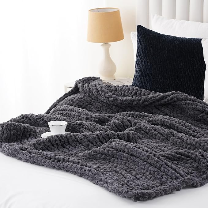 Battilo Chunky Knit Throw Blanket, Soft and Thick Chenille Throw Blanket, 50"x60" Handmade Cable Knit Crochet Blanket, Large Rope Knot Throw Blankets for Couch Sofa Bed Home Decor, Grey-Ruum Studio Home