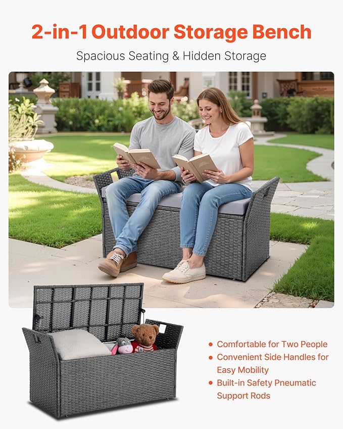 VEVOR Outdoor Storage Bench, 2-Person PE Rattan Storage Bench, 40 Gal Deck Box with Cushion & Side Handle, Supports up to 400 lbs, Weatherproof Outdoor Seating & Porch Decor for Patio Garden Balcony-Ruum Studio Home
