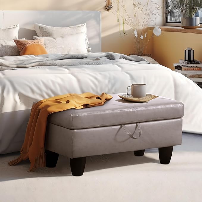 Ottoman Rectangular Storage Ottoman Bench, Faux Leather Footrest, Coffee Table, Stool Footstool with Hinged Lid for Living Room, Bedroom, Entryway, Champagne, 28.5"x19"x17.5"-Ruum Studio Home