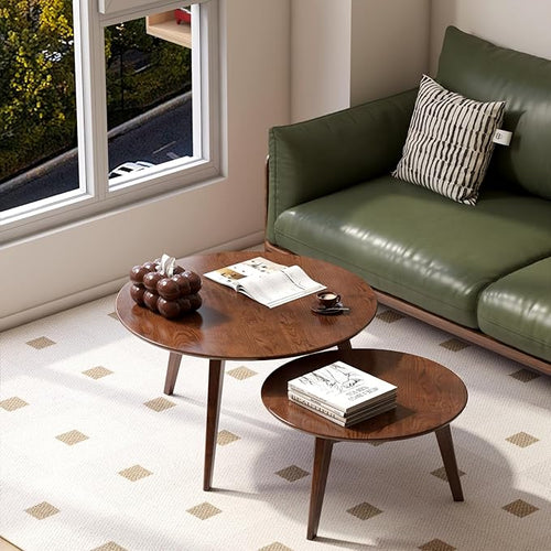 100% Solid Oak Wood Coffee Table Set, Round Coffee Table Combo Side Table w/Solid Wood Legs, Mid Century Table Sturdy Tables for Bedroom Balcony Living Room (Walnut, Big-Medium Combo)-Ruum Studio Home