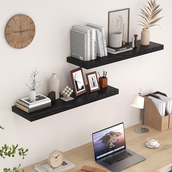 Fun Memories Black Floating Shelves 36 Inch Long, 9 Inch Deep Wall Shelves Set of 2, 36 x 9 Floating Shelf for Wall, Rustic Wood Floating Shelves for Kitchen, Living Room, Bedroom-Ruum Studio Home