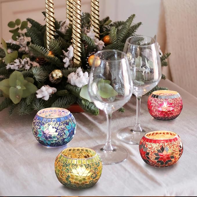 SHMILMH Votive Candle Holder Set of 4, Diwali Decoration for Home, Handmade Mosaic Glass Tealight Candle Holders for Table Centerpiece Decor,Diwali Thanksgiving-Ruum Studio Home