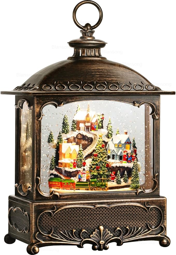 Village Snow Globe Christmas Decorations Gifts Auto Snowfall Glitter Music Collection Village Scene Train Tree Church Snowman with 6H Timer USB/Battery Powered 12 inch-Ruum Studio Home