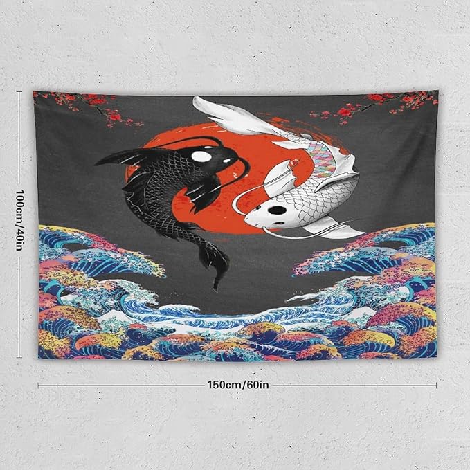 Houselerax Japanese Koi Fish Tapestries, Yin Yang Big Wave Cherry Blossom Tapestry Wall Hanging for Bedroom Living Room Office Decor 60"x40"-Ruum Studio Home