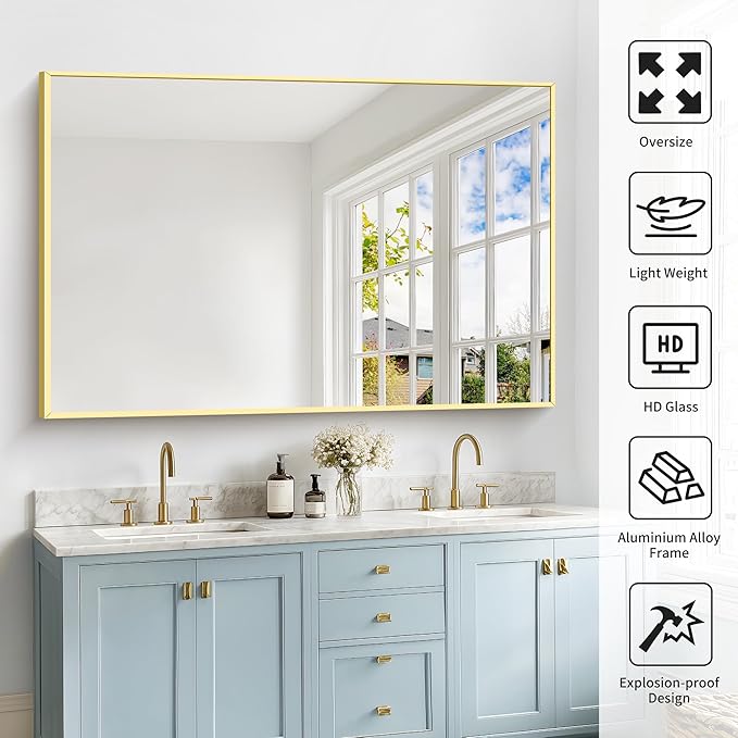 40x60inch Gold Bathroom Mirror, Gold Rectangle Mirror with Frame, Large Rectangular Wall Mirrors for Bathroom, Living Room, Hair Salon, Big Farmhouse Mirror Hang Horizontal/Vertical-Ruum Studio Home