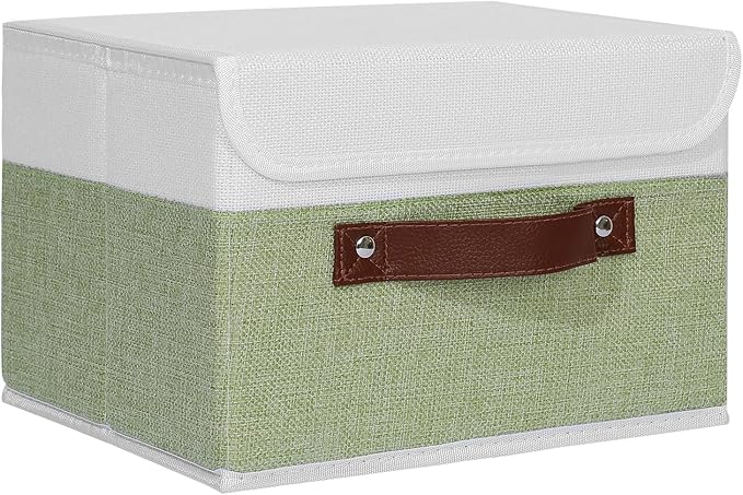 ANMINY Storage Boxes with Lids Washable Decorative Storage Bins Basket with PU Leather Handle Foldable Linen Fabric Storage Cubes Containers for Home Closet Organizer - Green White, Small Size-Ruum Studio Home