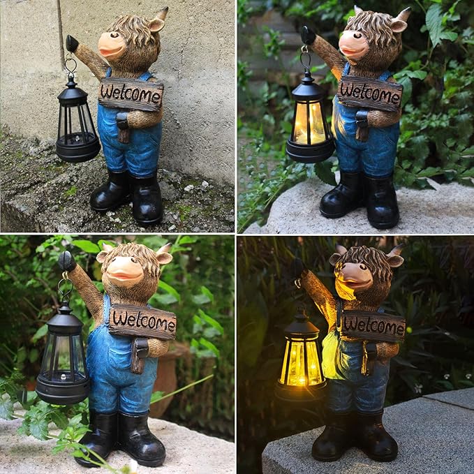 Solar Garden Statues -Highland Cow Lantern Outdoor Handmade Resin Statue with LED Light, and Welcome Holder for Patio, Yard, Gift Ideas (cow2)-Ruum Studio Home