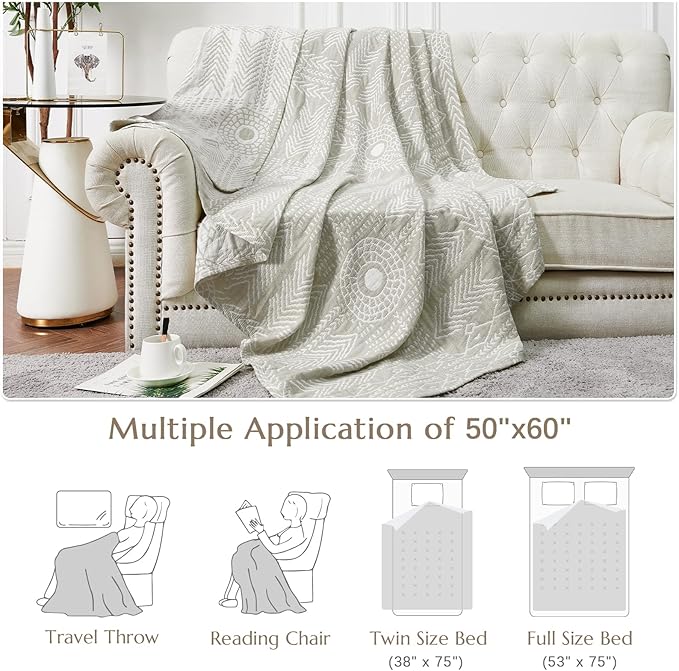 jinchan Boho 100% Cotton Muslin 50x60 Throw Blanket Lightweight 3-Layer Light Grey Blanket Washable Reversible Breathable Decorative Geometric Striped Patterned Soft Cozy for Sofa Bed All Season Gift-Ruum Studio Home