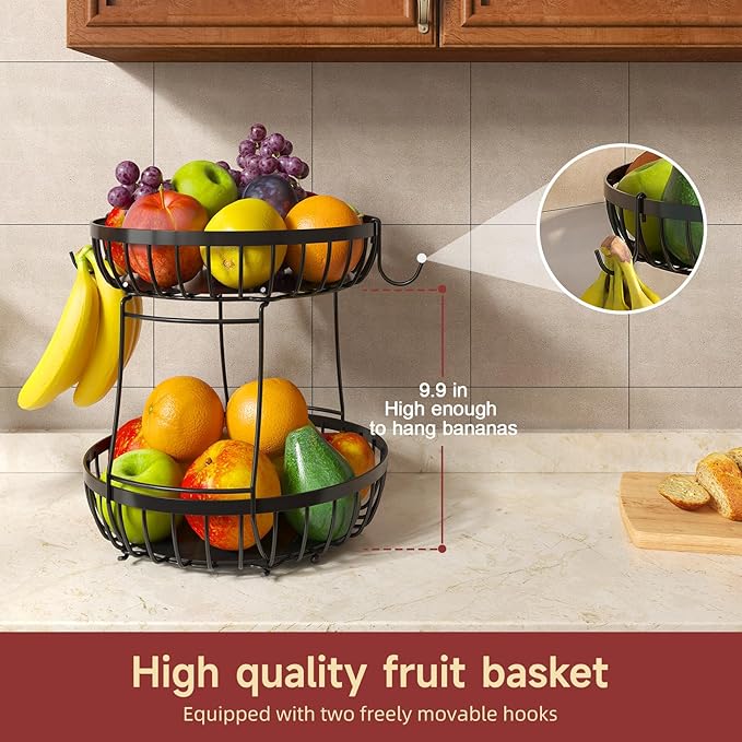 2 Tier Fruit Basket for Kitchen Counter with 2 Banana Hangers, Metal Stackable Fruit Bowl for Kitchen Counter for Bread Vegetable Fruits, Black-Ruum Studio Home