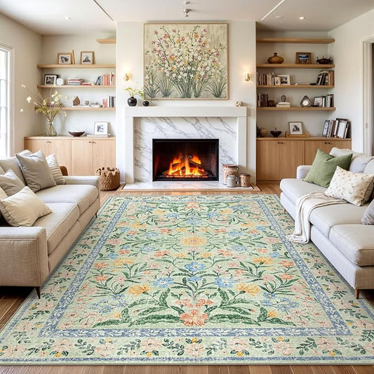 Wonnitar 10x14 Machine Washable Area Rugs, Green Floral Large Rugs for Living Room, Ultra-Thin Foldable Boho Flower Print Bedroom Carpet for Dorm Apartment Office-Ruum Studio Home