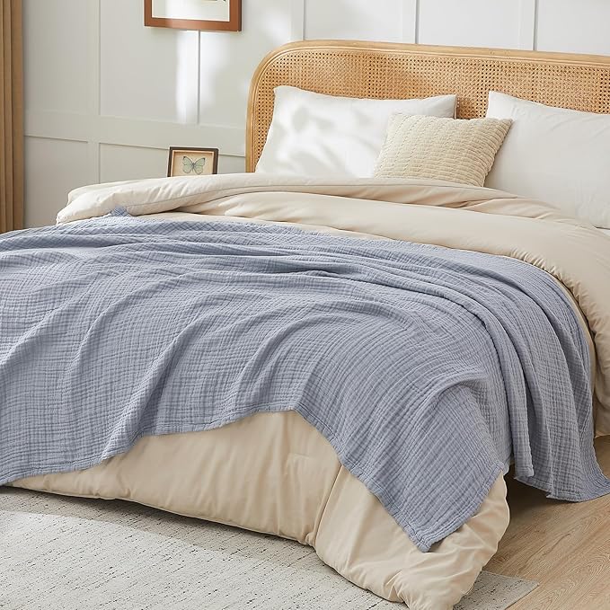 EMME Cotton Muslin Throw Blanket Couch Breathable Gauze Blanket Soft Lightweight Blankets Adults (Dusty Blue, 50"x60")-Ruum Studio Home